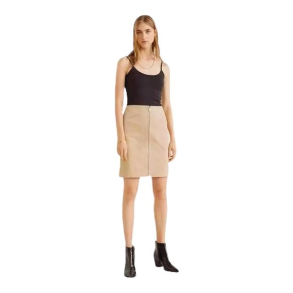 Mango Dresses & Skirts - MNG MANGO Beige Tan Full Front Zip Leather Suede Skirt NEW WITH TAGS
